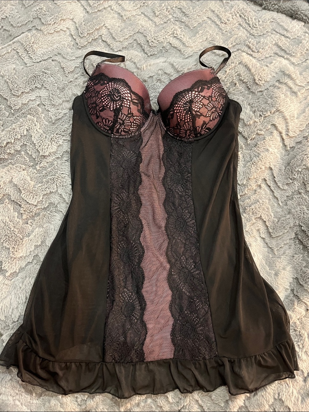 Black Lace-Trim Babydoll Chemise with Dusty Rose Cups